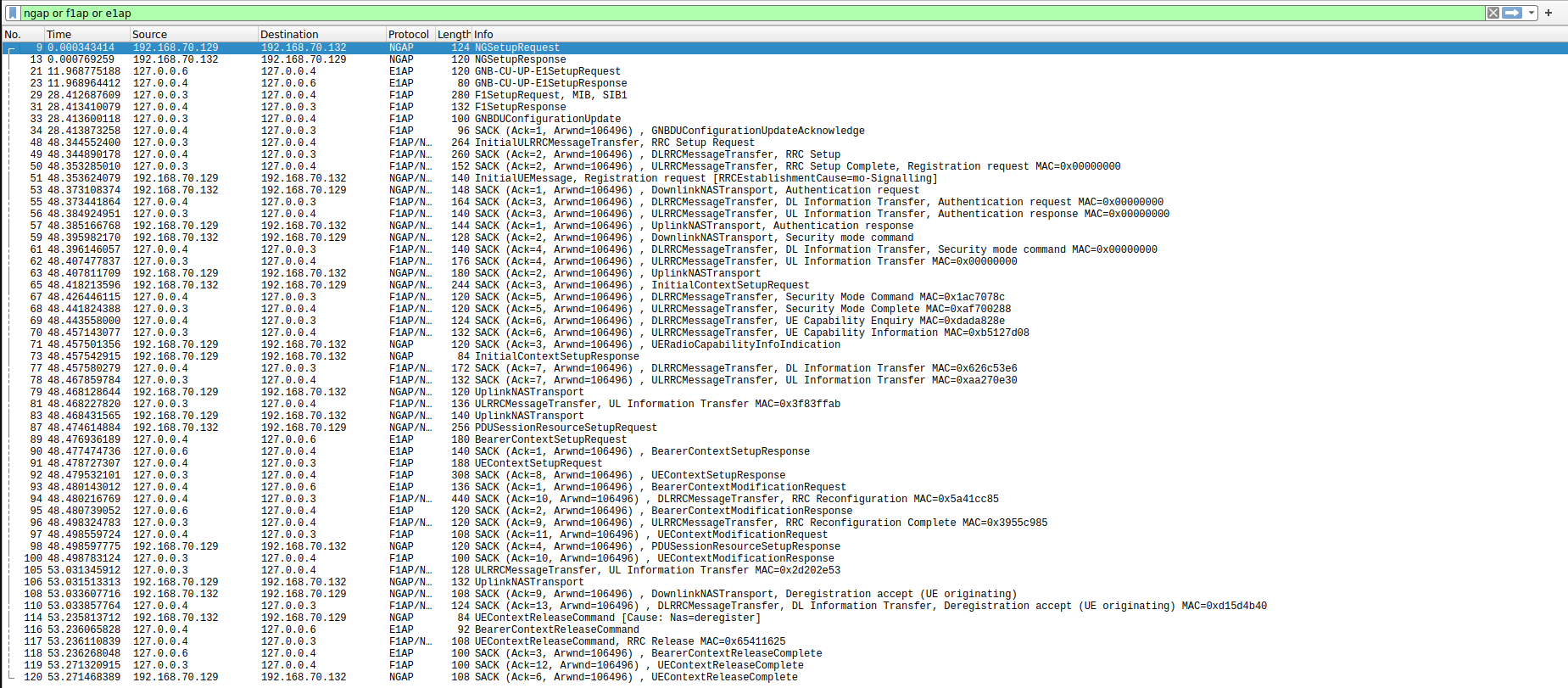 Screenshot of the Wireshark with NG, F1 and E1